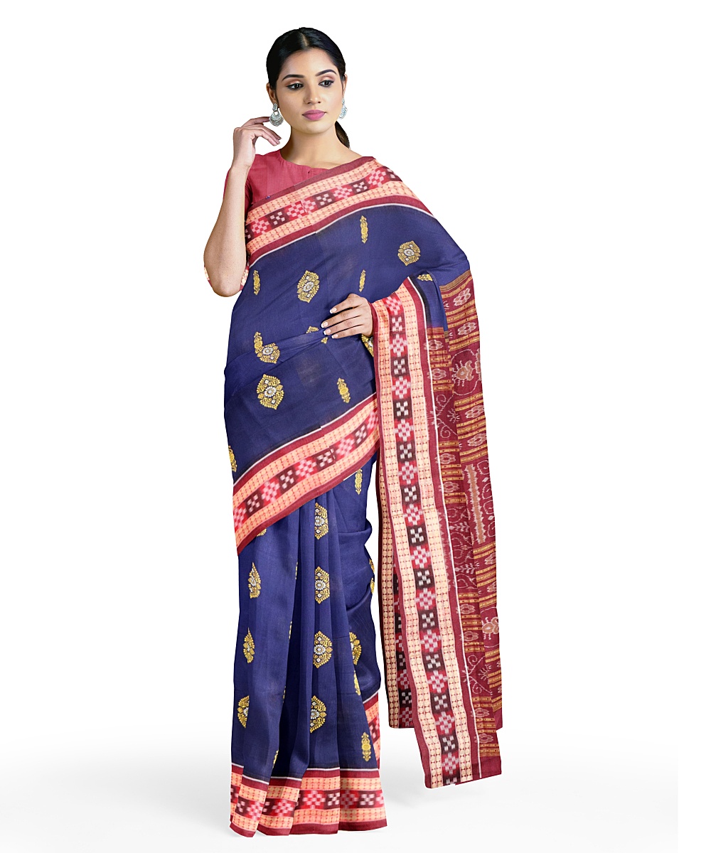 Ink Blue Bomkai cotton Saree - Boyanika Odisha