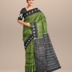Teal green black silk handloom khandua saree