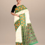 Cream dark green silk handloom khandua saree