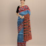 Cyan blue maroon silk handloom khandua saree