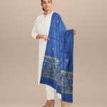 Cyan blue golden tussar silk handloom sambalpuri dupatta