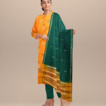 Yellow dark green handloom cotton silk bomkai dress material