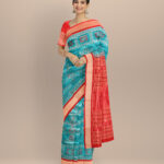 Cyan blue dark red silk handloom sambalpuri saree