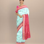 Cyan blue fluorescent pink silk handloom bomkai saree