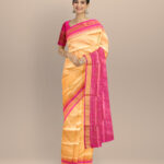 Beige Fluorescent Pink Silk Handloom Bomkai Saree