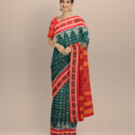 Dark green dark red handloom cotton bomkai saree