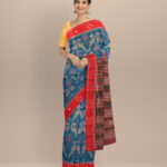 Sky blue dark red cotton handloom nuapatna saree