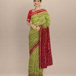 Lime green dark red silk handloom bomkai saree