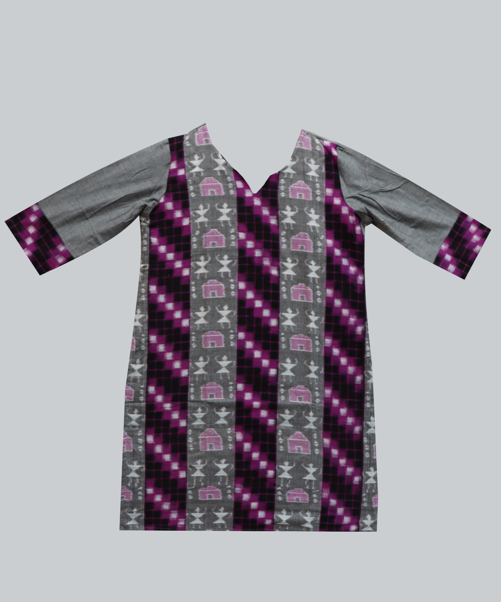 Exclusive Gray and Purple (Tie and Dye) Sambalpuri Cotton Ladies Kurti
