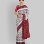 Beige Maroon Cotton Handloom Nuapatna Saree