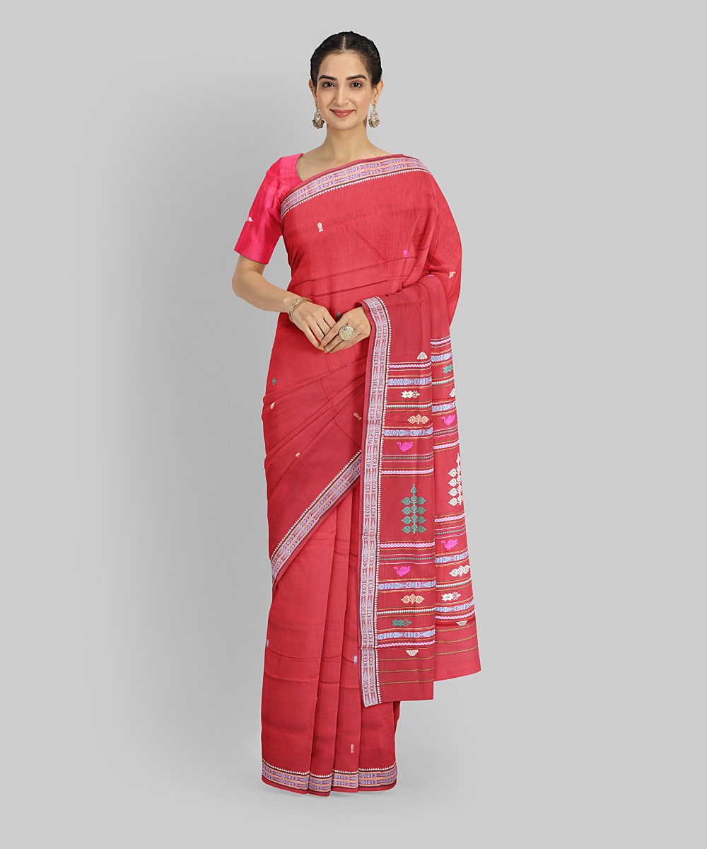 Red Cotton Handloom Bomkai Santal Saree