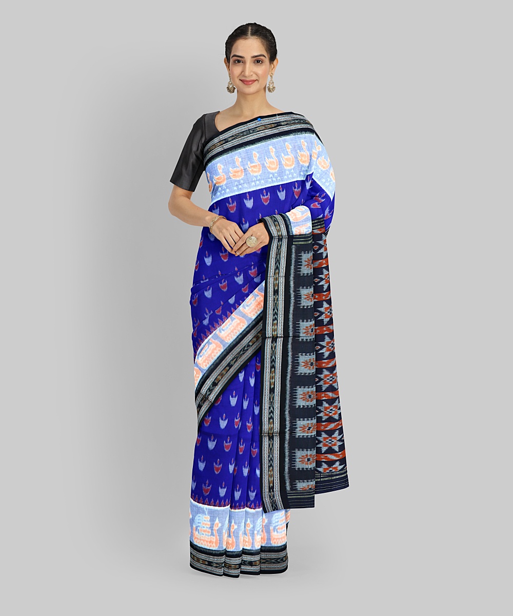 Cyan Blue Black Cotton Handloom Nuapatna Saree