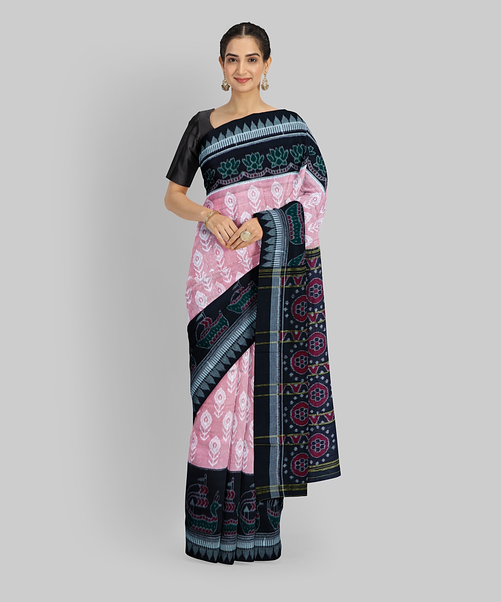 Beige Black Cotton Handloom Nuapatna Saree