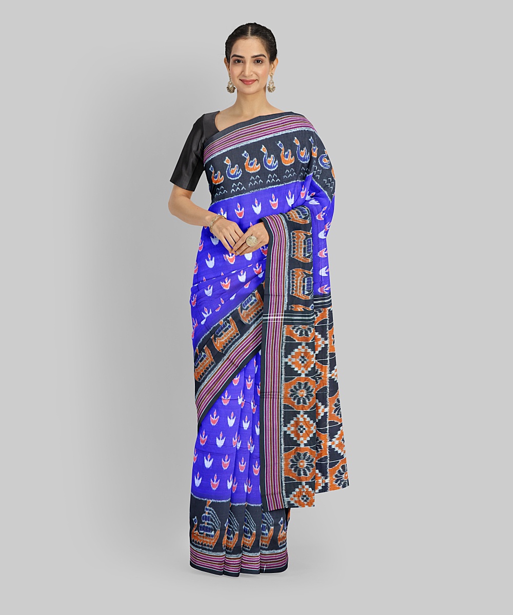 Cyan Blue Black Cotton Handloom Nuapatna Saree