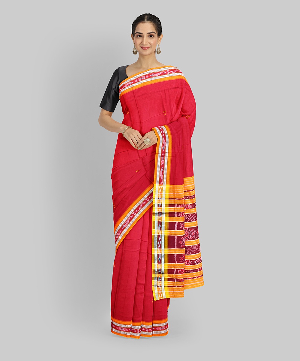 Red Orange Cotton Handloom Nuapatna Saree