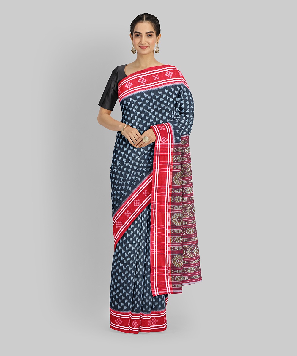 Black Dark Red Cotton Handloom Nuapatna Saree