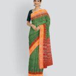 Dark Green Orange Cotton Handloom Nuapatna Saree