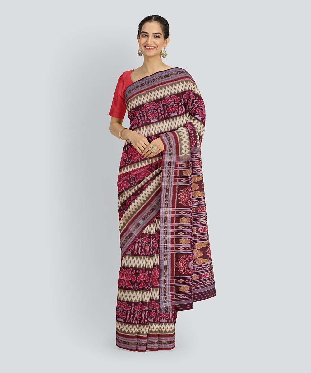 Multicolor Maroon Cotton Handloom Nuapatna Saree