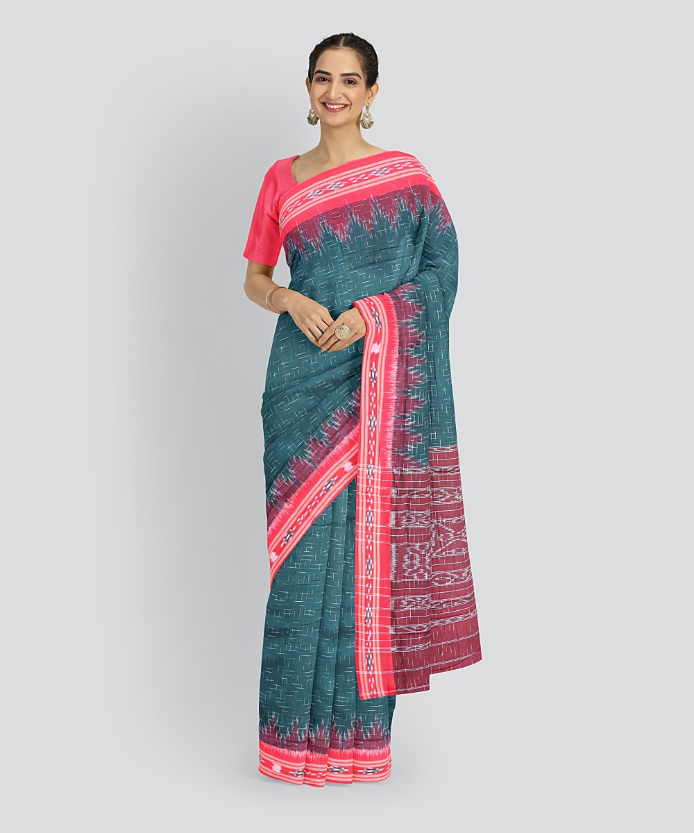 Dark Green Dark Red Cotton Handloom Nuapatna Saree