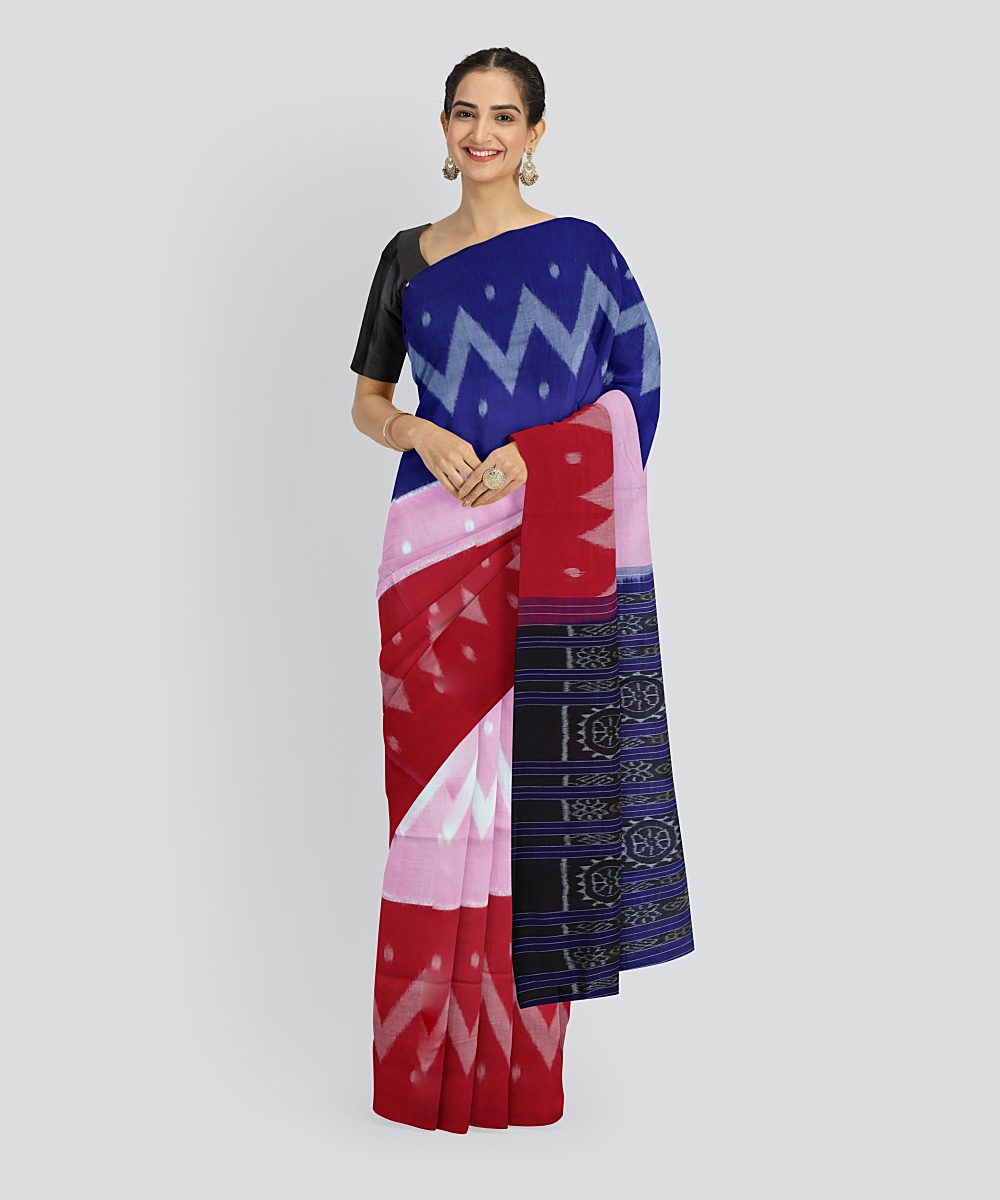 Blue Red Cotton Handloom Nuapatna Saree