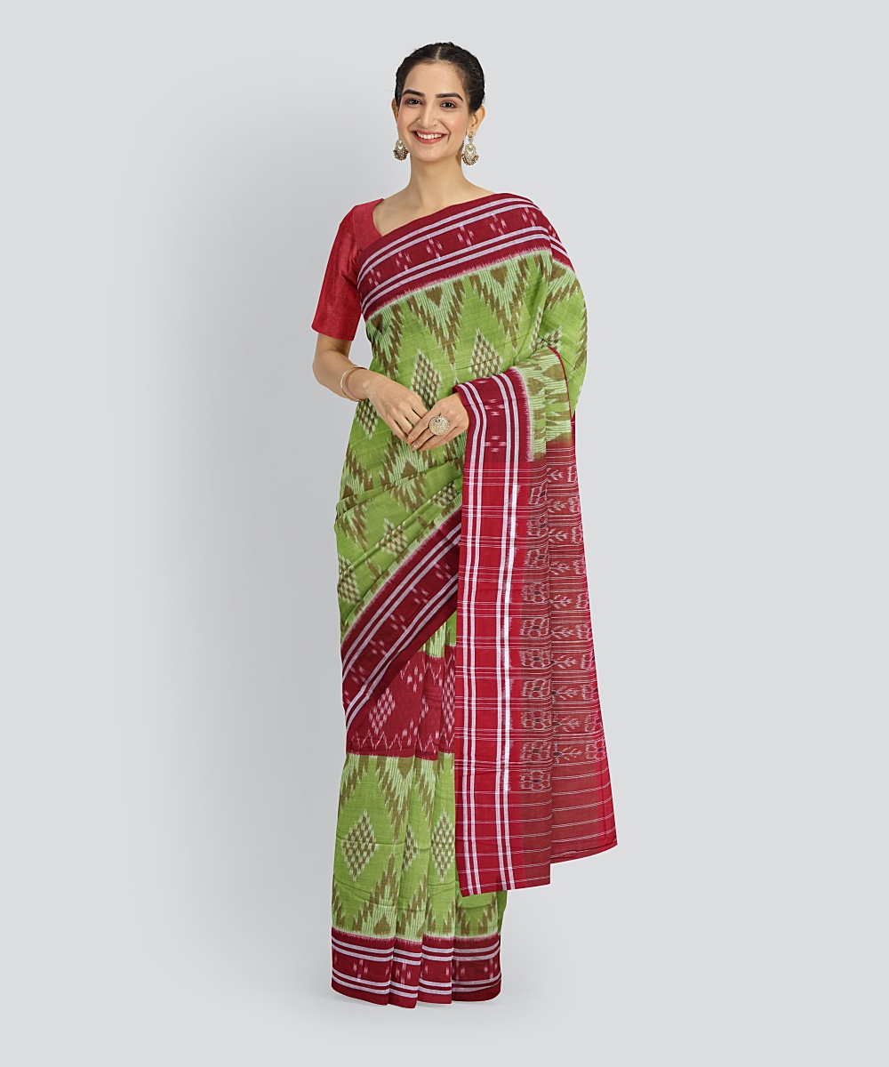Lime Green Dark Red Cotton Handloom Nuapatna Saree