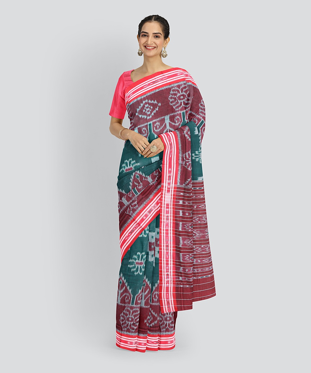 Dark Green Dark Red Cotton Handloom Nuapatna Saree
