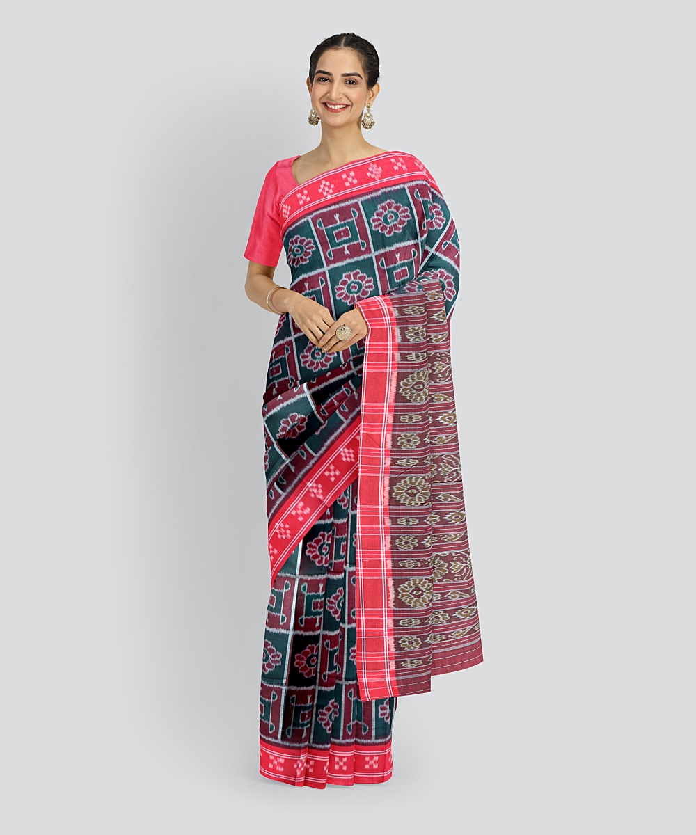 Dark Green Dark Red Cotton Handloom Nuapatna Saree