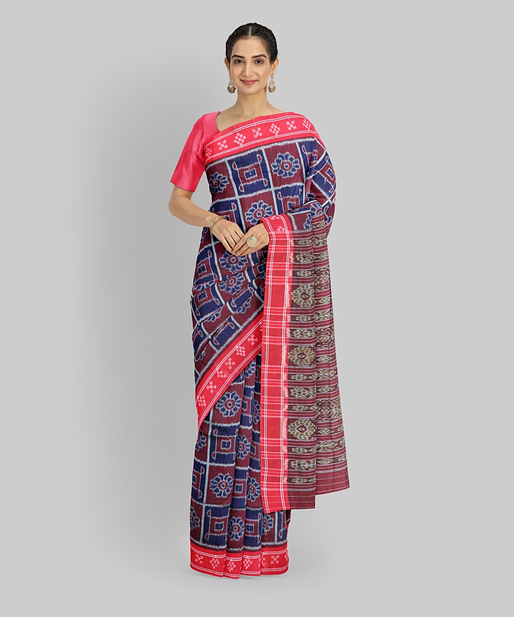 Navy Blue Dark Red Cotton Handloom Nuapatna Saree