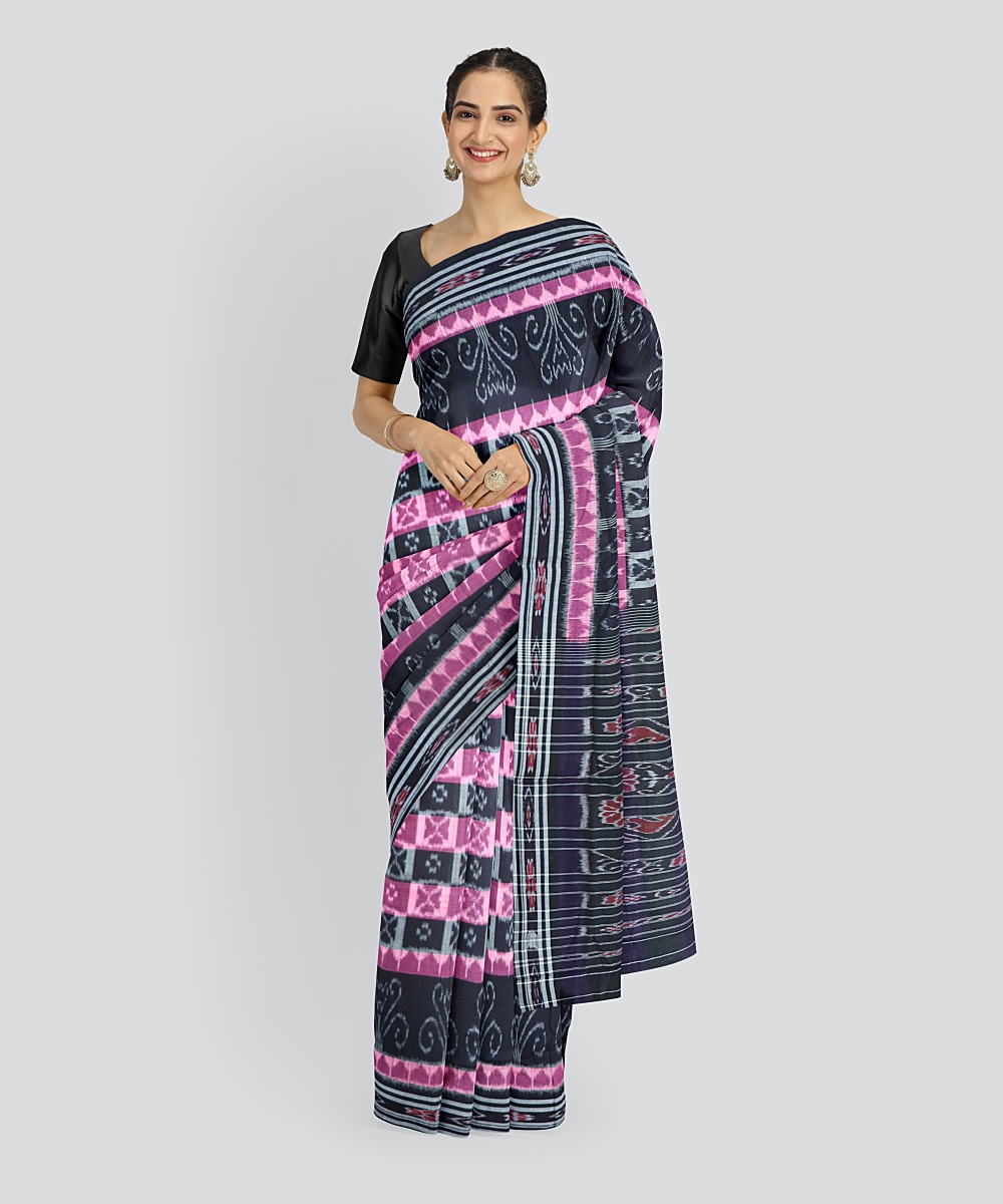 Navy Blue Dark Red Cotton Handloom Nuapatna Saree