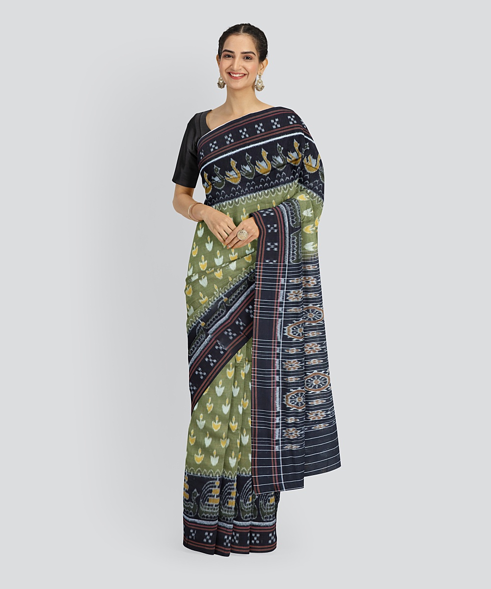 Dark Tan Black Cotton Handloom Nuapatna Saree
