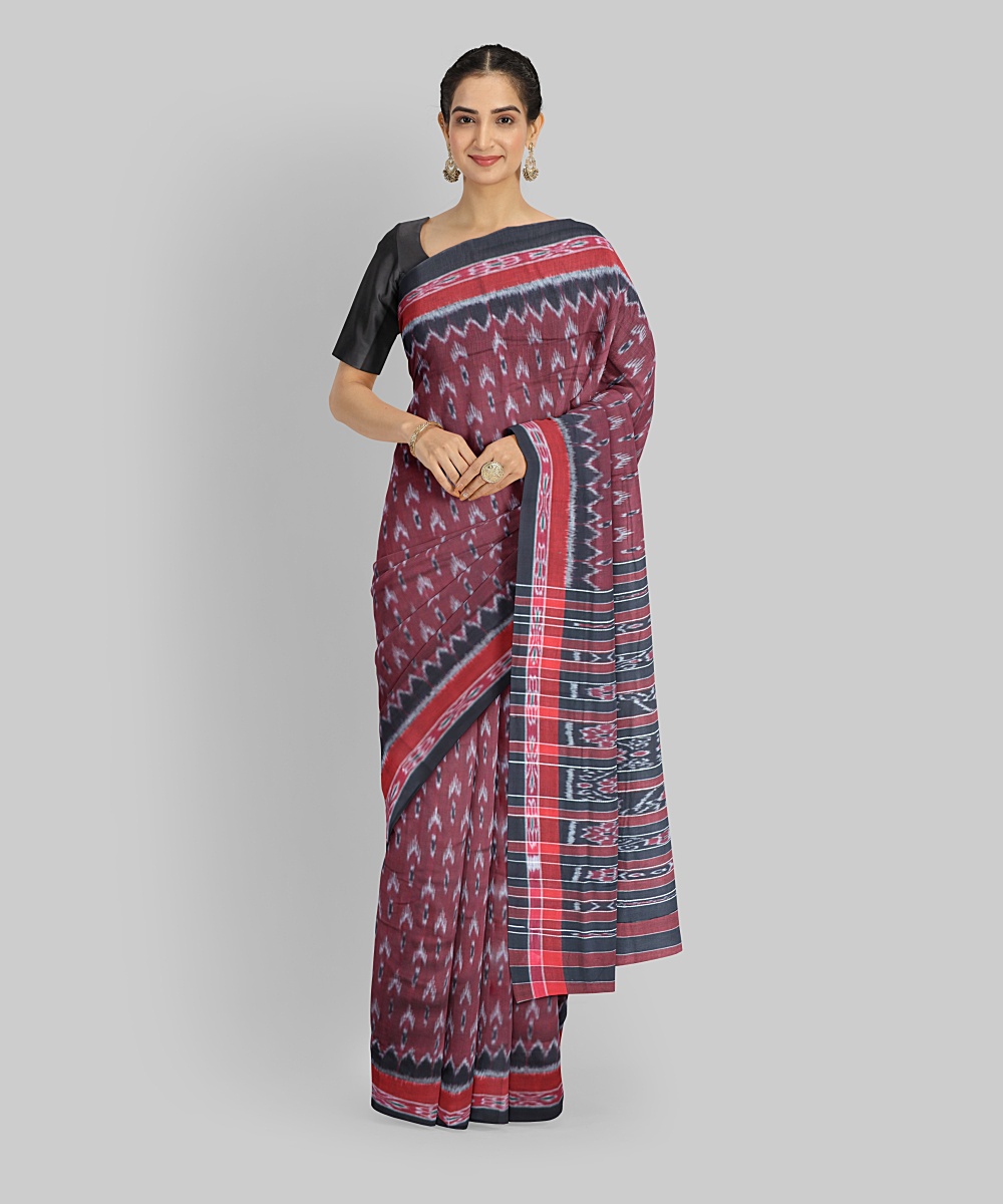 Maroon Black Cotton Handloom Nuapatna Saree
