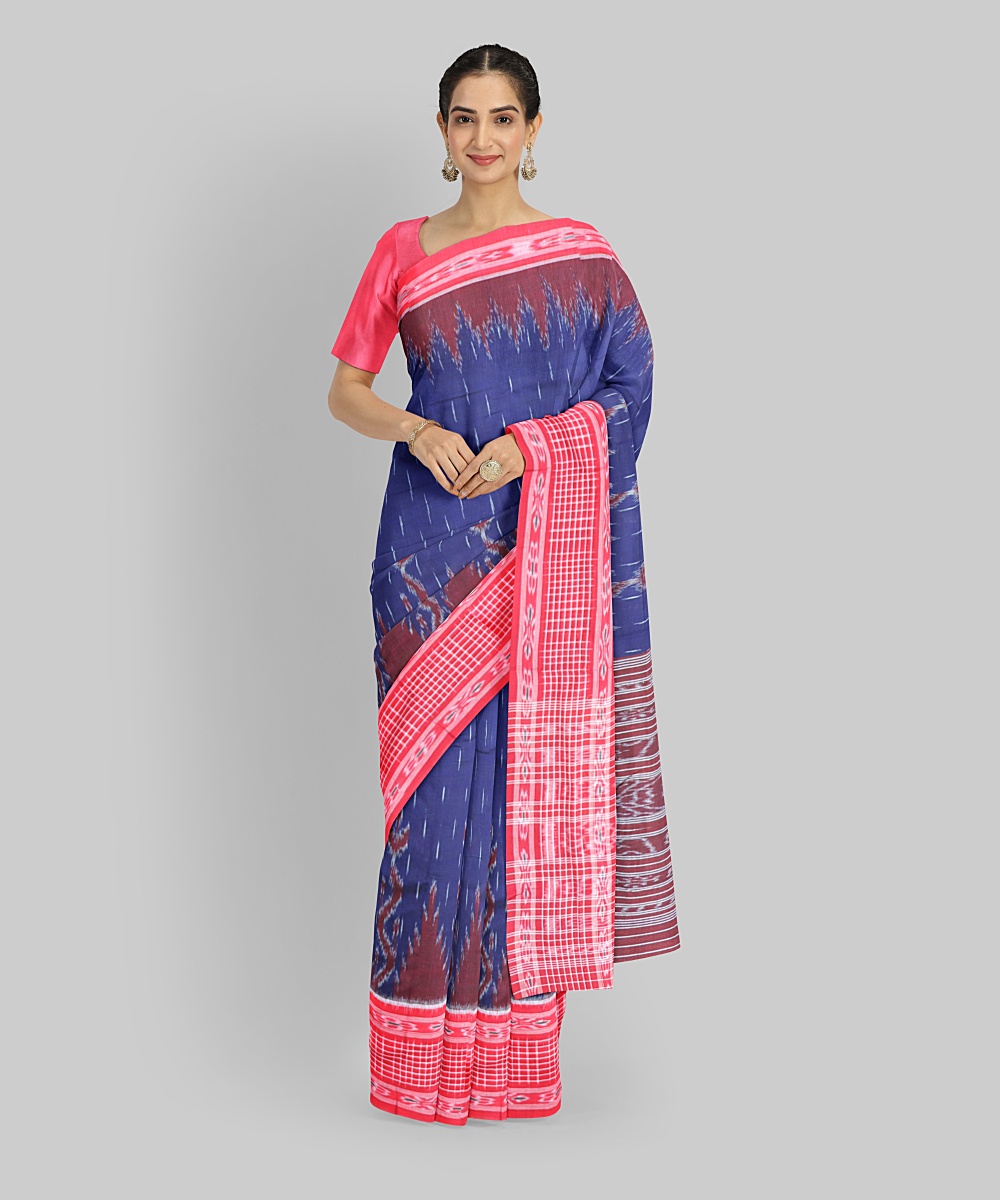 Navy Blue Dark Red Cotton Handloom Nuapatna Saree