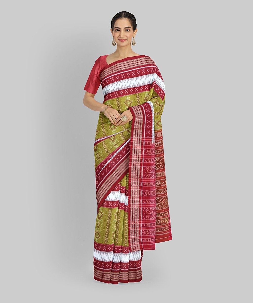 Light Green Dark Red Cotton Handloom Nuapatna Saree