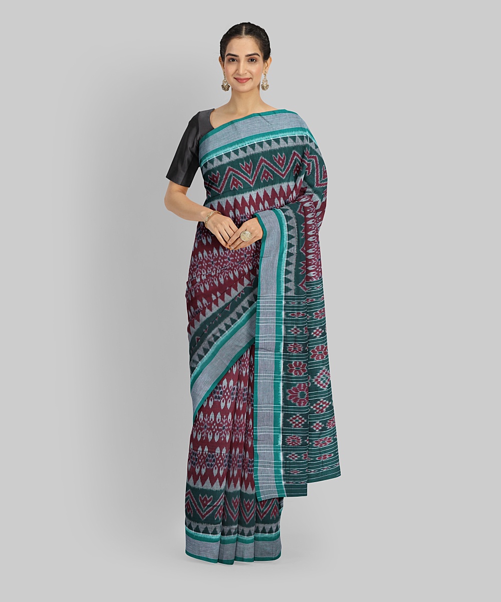 Maroon Dark Green Cotton Handloom Nuapatna Saree