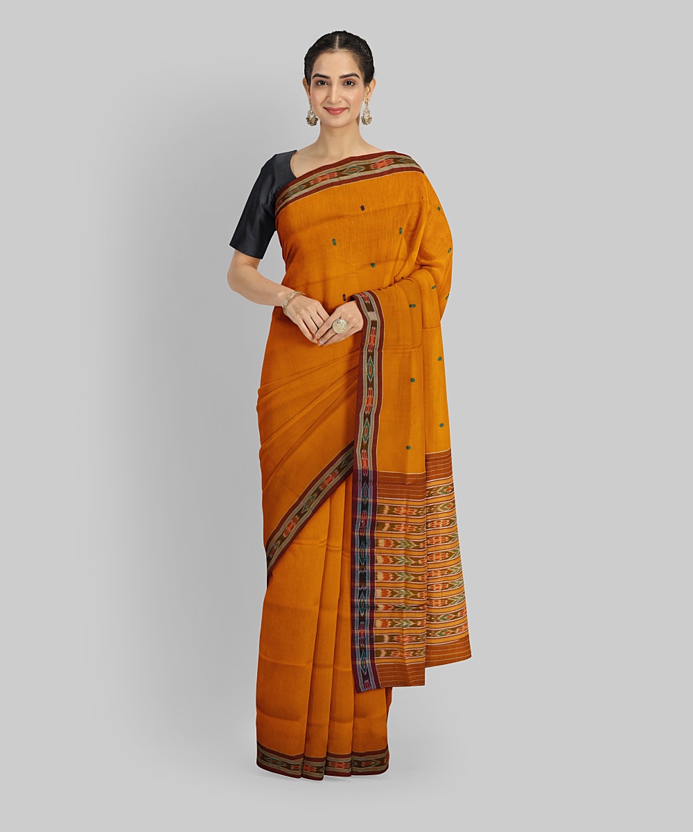 Yellow Maroon Cotton Handloom Berhampuri Saree