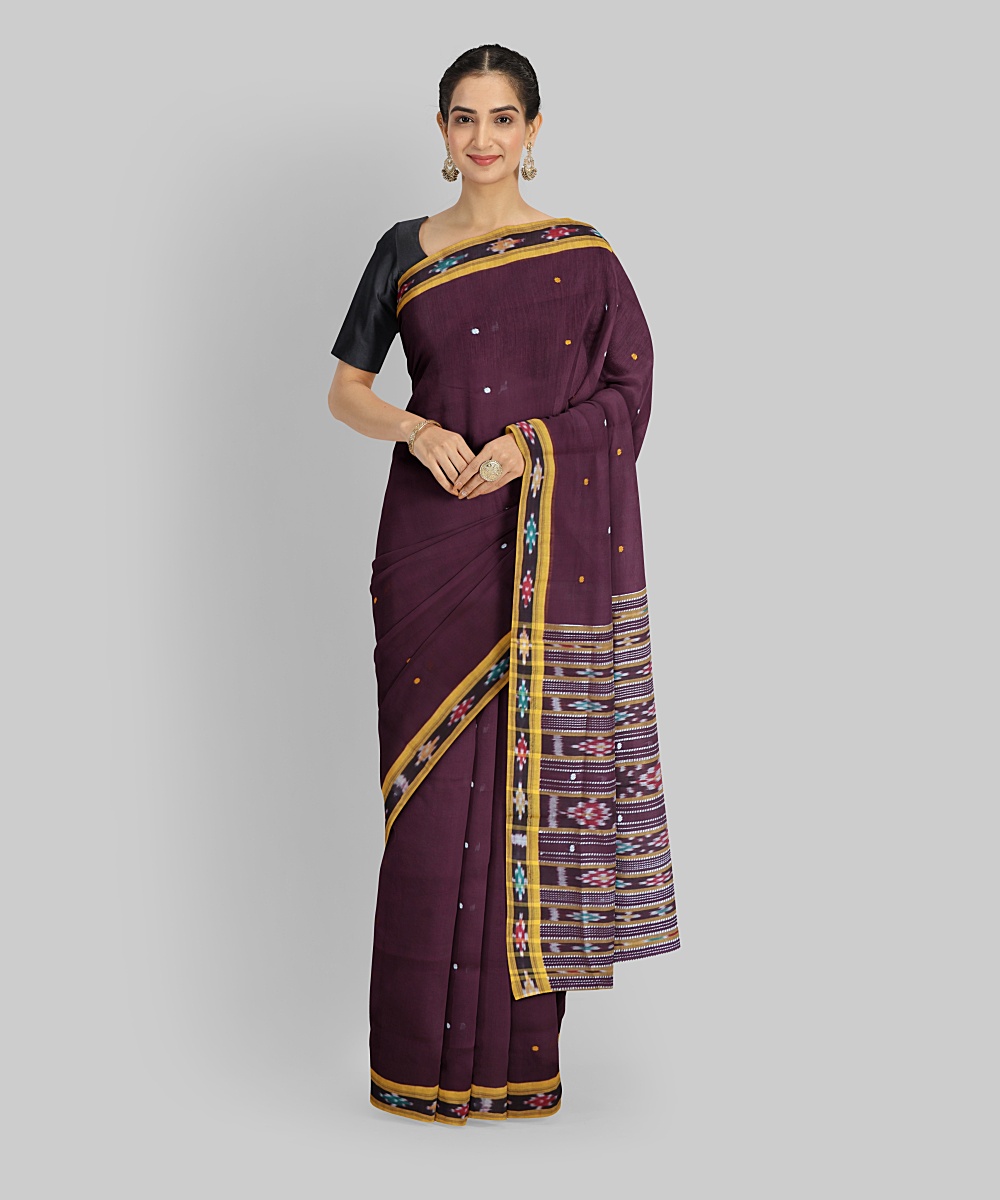 Maroon Mustard Handloom Berhampuri Cotton Saree