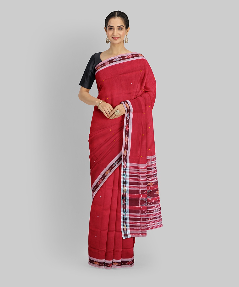 Red Pink Cotton Handloom Berhampuri Saree