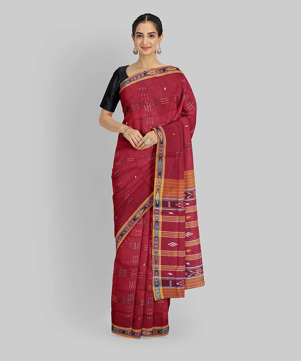 Maroon Mustard Cotton Handloom Berhampuri Saree