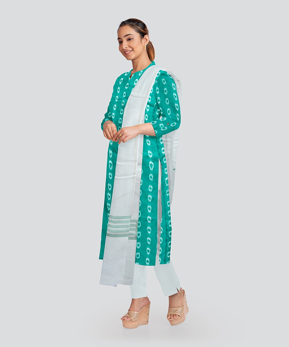 Teal Green White Handloom Cotton Nuapatna Dress Material