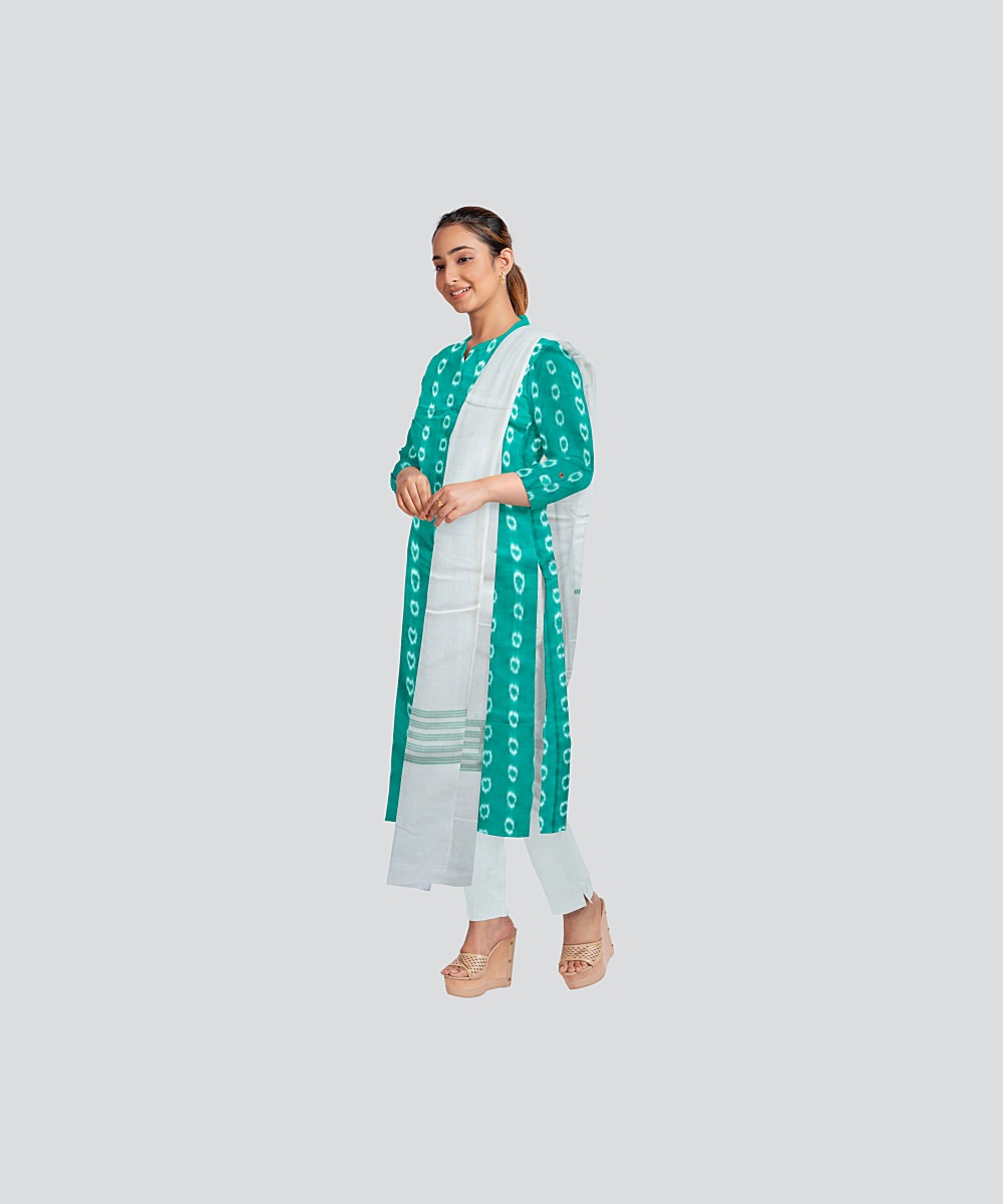 Teal Green White Handloom Cotton Nuapatna Dress Material