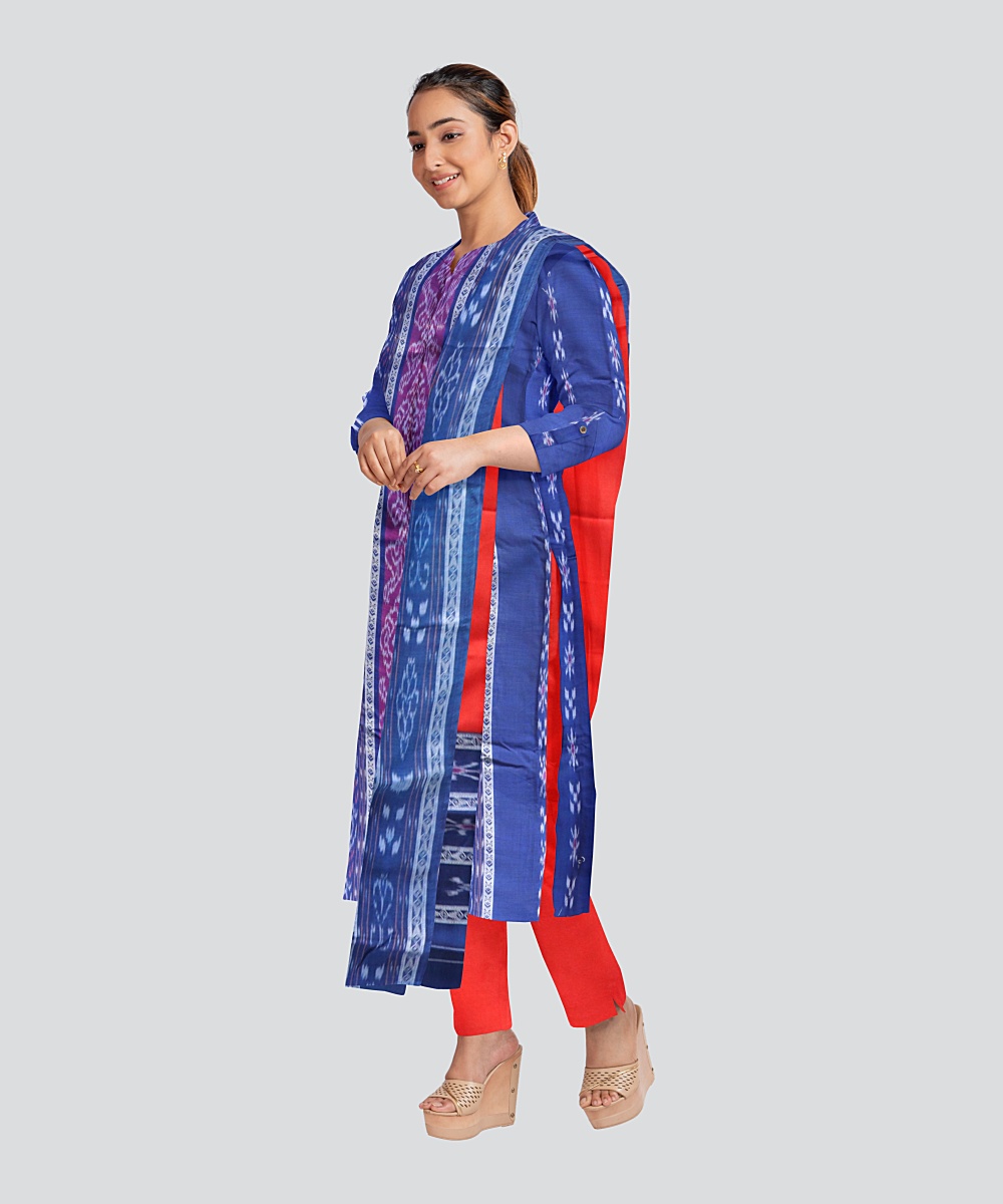 Navy Blue Dark Red Handloom Cotton Nuapatna Dress Material