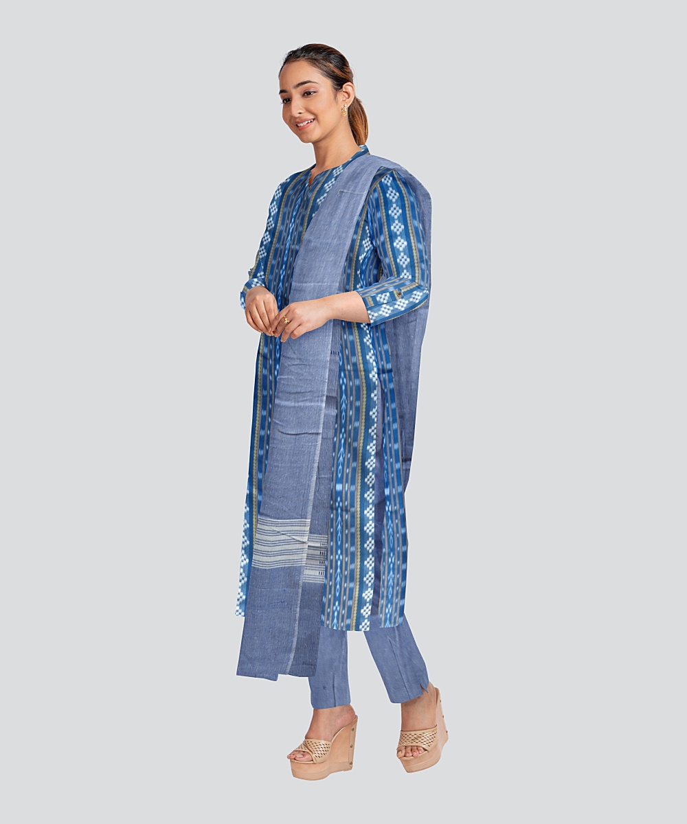 Navy Blue Cornflower Blue Handloom Cotton Nuapatna Dress Material